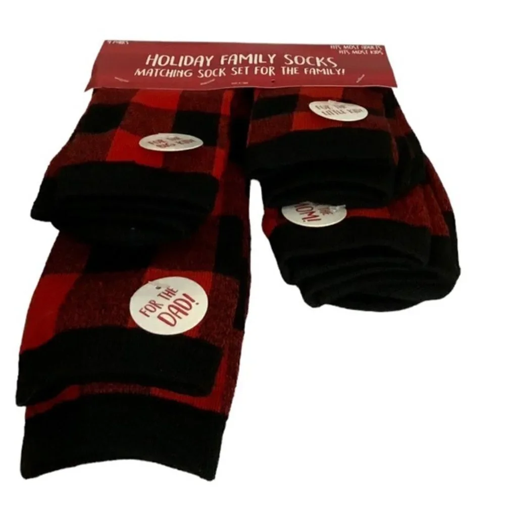 Holiday Family Matching Socks 4 Pack Christmas Tartan Plaid Red Black Adult Kids